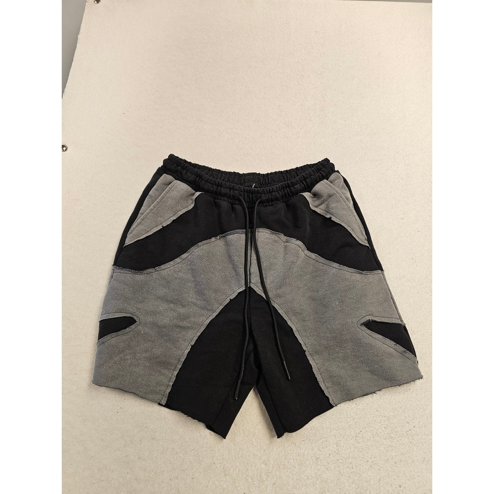 Romwe Men Colorblock Patchwork Sweat Short Black Grey Raw Edge Streetwear Medium